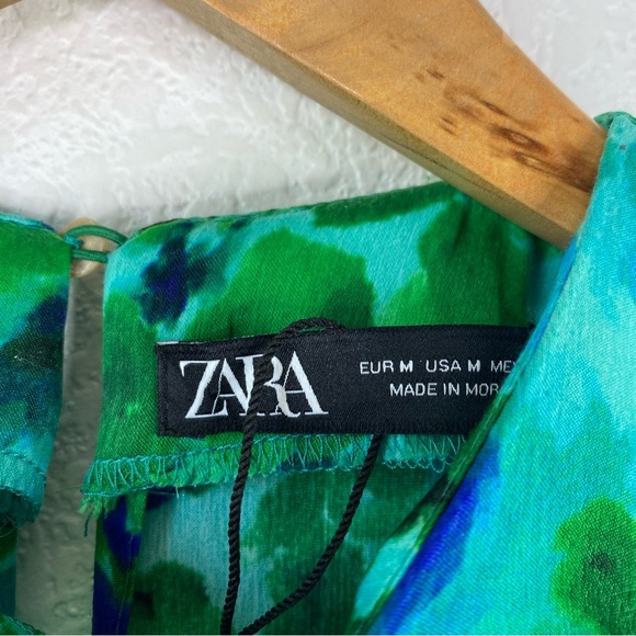 Zara Blue & Green Floral Long Sleeve Ruched Midi Dress - Picture 7 of 9